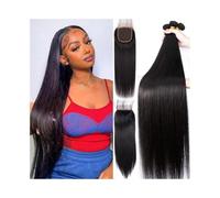 Utilisation quotidienne Tissage en lot de cheveux raides avec fermeture 8-30 pouces Cheveux humains brésiliens noirs naturels avec fermeture en dentelle 4x4 à partie libre Pour les partis(10+12+14+Clo