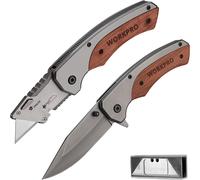 WORKPRO Utilitaire Pliant avec Manche en Bois, Cutter Professionnel à Mécanisme de Changement Rapide de Lame, Universel avec 10 Lames SK5 Supplémentaires