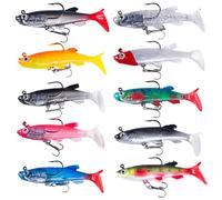UTMACH 10 Pièces Leurre Souple Carnassier Leurre Souple Brochet Leurres Souples Triple Crochet appât Artificiel Queue en T Leurre Peche Mer Kit pour Eau Douce et Salée Truite Brochet Bar,Silure