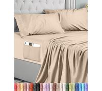 Utopia Bedding Parure de Lit 4 Pièces (180x200, Beige), Draps de Lit 2 Personnes, Polyester Microfibre, Drap Housse avec Poches de Rangement, Drap Plat et 2 Taies d'oreiller Brodé