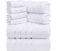 Utopia Towels Lot de 8 serviettes, dont 2 serviettes de bain, 2 essuie-mains, 4 gants de toilette, 600 g/m², coton filé à l'anneau très absorbant, rayures, viscose, pour un usage quotidien, Blanc
