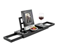 Utoplike Bambou Plateau de Baignoire Noir, Plateau de Douche Extensible avec Bras réglables, étagère de Baignoire pour Livres/tablettes/téléphones Portables/Serviettes/Aliments