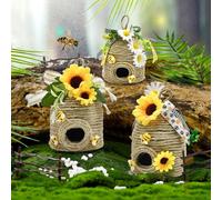 UTTASU Décoration de ruche d'abeille pour la maison et le jardin, maison d'abeille rustique naturelle avec corde de jute et abeilles en bois, 13 x 12 cm, décoration d'intérieur et d'extérieur