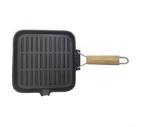 UTTASU Poêle à frire carrée en fonte avec poignée en bois pliable 24 x 24 cm pour frire des steaks, griller, cuire sur cuisinière, four à flammes nues, motif rayé pour la maison, la cuisine, le