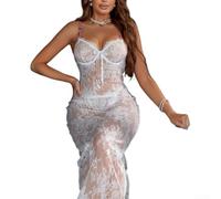 UTTASU Sheer Lace Maxi Dress Spaghetti Strap Floral Mesh | See-through floral mesh, delicate lace overlay, adjustable spaghetti straps, romantic evening wear