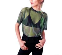 UTTASU Women Sheer Mesh Top Short Sleeve Shiny Blouse | See-through mesh design, shiny finish, short sleeve, O-neck, casual club style