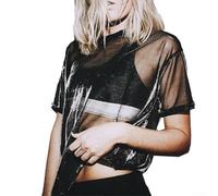 UTTASU Women Sheer Mesh Top Short Sleeve Shiny Blouse | See-through mesh design, shiny finish, short sleeve, O-neck, casual club style
