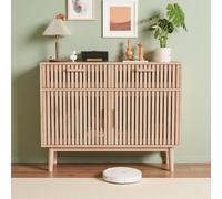 UTTQEW Buffet cannelé 100 x 35 x 80 cm effet chêne, buffet moderne avec 2 tiroirs et 2 portes, meuble buffet pour salon, cuisine, entrée, pieds hauts 20 cm, avec anti-basculement