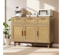 UTTQEW Commode 3 tiroirs et 3 Porte Chambre, Meuble de Rangement Style Bohème avec Conception Anti-basculement et Cadre en Bois, Commode en Rotin Buffet pour Salon, Entrée, 115x40x80 cm, Chêne