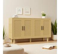 UTTQEW Commode 4 Portes Chambre, Meuble de Rangement Style Bohème avec Conception Anti-basculement et Cadre en Bois, Commode en Rotin Buffet pour Salon, Entrée, 140x40x80 cm, Chêne