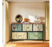 UTTQEW Commode 5 Tiroirs, Tour Rangement Tissu, Armoire Industrielle, Unité Haute Bacs Tissu, Cadre en Métal, Plateau en Bois, Rustique, pour Chambre, Couloir, Entrée, 100x30x55.2 cm (Noir)