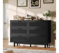 UTTQEW Commode 6 tiroirs Chambre, Meuble de Rangement Style Bohème avec Conception Anti-basculement et Cadre en Bois, Commode en Rotin Buffet pour Salon, Entrée, 115x40x80 cm(Noir, 115x40x80 cm)