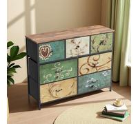 UTTQEW Commode 7 Tiroirs, Tour Rangement Tissu, Armoire Industrielle, Unité Haute Bacs Tissu, Cadre en Métal, Plateau en Bois, Rustique, pour Chambre, Couloir, Entrée, 100x30x78 cm (Noir)