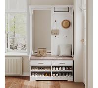 UTTQEW Ensemble garde-robe murale avec miroir, 4 patères, banc à chaussures et armoire à chaussures, garde-robe de couloir avec étagère, meuble de couloir, 104 × 35 × 180 cm (blanc)