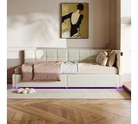 UTTQEW Lit Coffre 90x200 cm avec hydraulique, Canapé Lit Rembourré avec Éclairage LED et Ports USB, Lit Simple Multifonction avec Sommier à Lattes, Flanelle Crème(sans Matelas) (Crème, 90x200 cm)