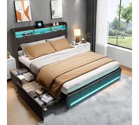 UTTQEW Lit Double 140x200 avec Sommier, Lit 140 x 200 avec LED et Charge USB, Type-C, Lits 2 Personnes avec 4 Tiroirs et Tête de Lit de Rangement, Sommier à Lattes, sans Matelas, Lin(Gris D, 140x200)