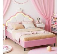 UTTQEW Lit Enfant Rembourré 140x200cm,Lit Simple pour Fille avec Tête de lit Réglable et LED, Coquille avec Sommier à Lattes, Velours Rose et Blanc (sans Matelas) (Rose, 140×200 cm)