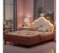 UTTQEW Lit Enfant Rembourré 90x200cm,Lit Simple pour Fille avec Tête de lit Réglable et LED, Coquille avec Sommier à Lattes, Velours Rose et Blanc (sans Matelas) (Rose, 90×200 cm)