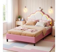 UTTQEW Lit Enfant Rembourré 90x200cm,Lit Simple pour Fille avec Tête de lit Réglable et LED, Coquille avec Sommier à Lattes, Velours Rose et Blanc (sans Matelas) (Rose, 90×200 cm)