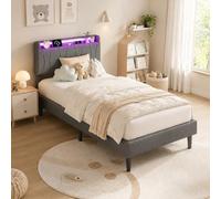 UTTQEW Lit simple 90 x 200 rembourré, LED, USB, gris, sans matelas | Tête de lit avec étagère de rangement, tissu respirant, sommier à lattes, pieds surélevés et 18 cm libres pour le nettoyage