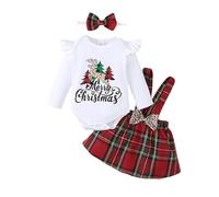 UUAISSO Bébé Fille Vêtements De Noël Barboteuse À Manches Longues Bretelles Jupe À Carreaux Ensemble Tenue Nouveau-Né Blanc 6-12 mois