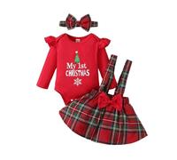 UUAISSO Bébé Fille Vêtements De Noël Barboteuse À Manches Longues Bretelles Jupe À Carreaux Ensemble Tenue Nouveau-Né Rouge 12-18 mois