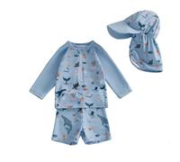 UUAISSO Ensemble Maillot de Bain Une Pièce à Manches Longues Bébé Garçon avec Chapeau de Soleil Idéal pour Les Vacances Bleu de mer 18-24 Mois