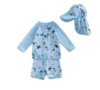 UUAISSO Ensemble Maillot de Bain Une Pièce à Manches Longues Bébé Garçon avec Chapeau de Soleil Idéal pour Les Vacances Bleu Clair 18-24 Mois