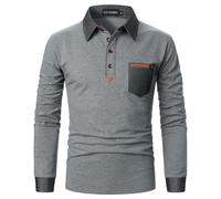 UUAISSO Polo à Manches Longues pour Homme T-Shirt de Poche en Coton avec Coutures Colorées Coupe Ajustée Golf Gris L