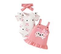 UUAISSO Tenues pour Bébé Fille Imprimé Cœur Barboteuse à Manches Courtes Jupe à Bretelles Robe Ours Bandeau Nœud 0-18 Mois Renard Rose 6-12 mois