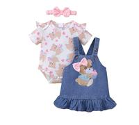 UUAISSO Tenues pour Bébé Fille Imprimé Cœur Barboteuse à Manches Courtes Jupe à Bretelles Robe Ours Bandeau Nœud 0-18 Mois Fleurs roses 3-6 mois