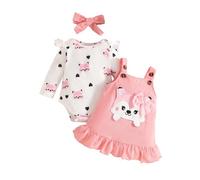 UUAISSO Tenues pour Bébé Fille Imprimé Cœur Barboteuse à Manches Courtes Jupe à Bretelles Robe Ours Bandeau Nœud 0-18 Mois Renard Rose à Manches Longues 6-12 Mois