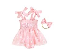 UUAISSO Tenues pour Bébé Fille Le Ler Anniversaire Barboteuse Cake Smash Robe Sans Manches Ensemble Avec Broderie Body et Bandeau Fleur rose 6-12 mois
