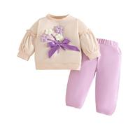 UUAISSO Tenues pour Nouveau-né Fille Hauts à Manches Longues et Nœud Papillon à Fleurs Pantalons Ensembles de Vêtements Petite Fille violet 6-12 mois