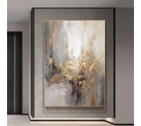 UUDEZO Grand tableau abstrait de paysage, gris, beige et doré, texture abstraite, décoration murale moderne, 30 x 40 cm (12 x 16 pouces), avec cadre doré