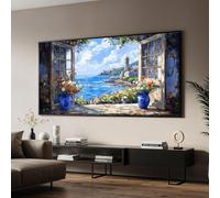 UUDEZO Impression sur toile représentant un océan pittoresque, peinture sur la nature, paysage côtier fleuri, décoration murale, 80 x 162 cm, avec cadre noir.