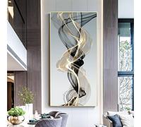 UUDEZO Impressions d'art mural, tourbillons abstraits dorés et noirs, décoration murale, grand format, vertical, moderne, pour salon, entrée, 95 x 190 cm, avec cadre doré