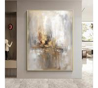 UUDEZO Peinture abstraite grise, beige et dorée, décoration murale neutre et abstraite, pour la maison, la chambre à coucher ou les toilettes (80 x 100 cm avec cadre doré)