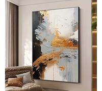 UUDEZO Tableau abstrait moderne à l'huile, doré et gris, œuvre d'art murale luxueuse, idéale pour la décoration du salon (95 x 193 cm / (37 x 76 pouces) / avec cadre)