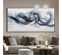 UUDEZO Tableau abstrait moderne encadré sur toile - Motif fluide et dynamique bleu et doré - Décoration murale pour salon ou chambre (80 x 160 cm / 31 x 63 pouces) - Cadre noir