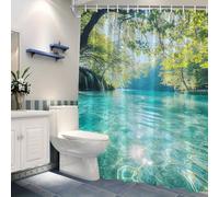 UUDIHO Rideau de Douche « Lac Turquoise Serein et Cascade », en Polyester, orné d'un Motif Naturel Vibrant, (165 x 180 cm / 65 x 71 po (L x H) / Rideau de Baignoire).