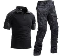 Uugood Chemise été Homme, Militaire Chemise Manche Courte Slim Combinaisons Tactiques Combat Shirt and Trousers Rip-Stop Chemise et Pantalon pour la Airsoft Chasse Paintball, MNoir, M