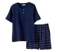 UUNBS Ensemble Pyjama pour Hommes - Pyjama à Manches Courtes à 3 Boutons et Short de détente, vêtements de Nuit 2 pièces en crêpe et Gaze de Coton