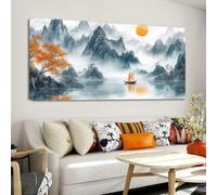 UUPAUO Toile imprimée représentant un paysage abstrait avec lever de soleil sur des montagnes dorées et un lac serein, décoration murale moderne pour le salon (75x150cm/30x59 pouces)