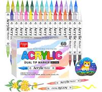 Uuq-60 Couleurs Feutre Acrylique 30 Pièces Stylos Peinture Acryliques À Double Pointe ¿ Acrylic Paint Markers Pour Bois, Toile, Verre, Céramique With 0.5-4.5mm Brush Tip
