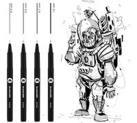 Uuq-Blackliner Lot De 4 Stylos À Pointe Fine Avec Encre Permanente Indélébile, Étui, Épaisseur De Trait 0,3 À 1,0 Mm, Noirs