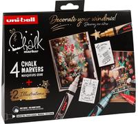 Uuq-Uni-Ball 186831 - Set De Marqueurs Craie Xmas Trad, 4 Marqueurs Avec 2 Pochoirs, Uni Chalk Marker, Crayons Craie Pour Fenêtres