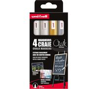 Uuq-Uni-Ball Chalk Marker - Uni Mitsubishi Pencil - Marqueurs Craie Pwe-5m - Marquage Éphémère, Résistant À La Pluie - Pointe Conique Medium - Emballage Zéro Plastique - Lot De 4 - Blanc X2, Or, Arge