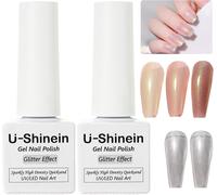 Uur-2pcs Glitter Nail Gel, Shimmer Pigment Nail Polish, Translucent Natural Sparkly Nail Gel, Need Cured Gel Polish For Home Salon Diy Nail Art, Golden + Sliver