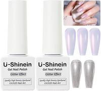 Uur-2pcs Glitter Nail Gel, Shimmer Pigment Nail Polish, Translucent Natural Sparkly Nail Gel, Need Cured Gel Polish For Home Salon Diy Nail Art, Sliver + Aurora